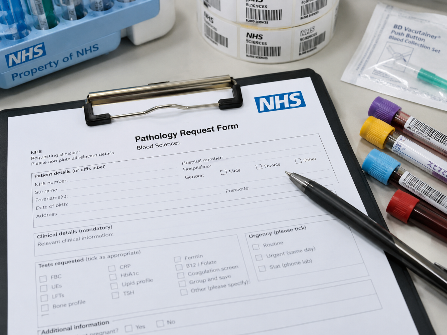 An NHS blood test request form ready for a blood collection appointment.