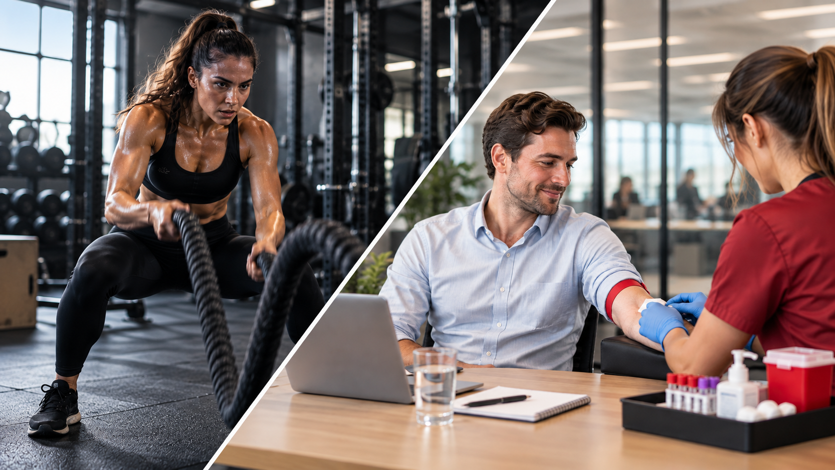 Gym training and professional workplace blood collection.