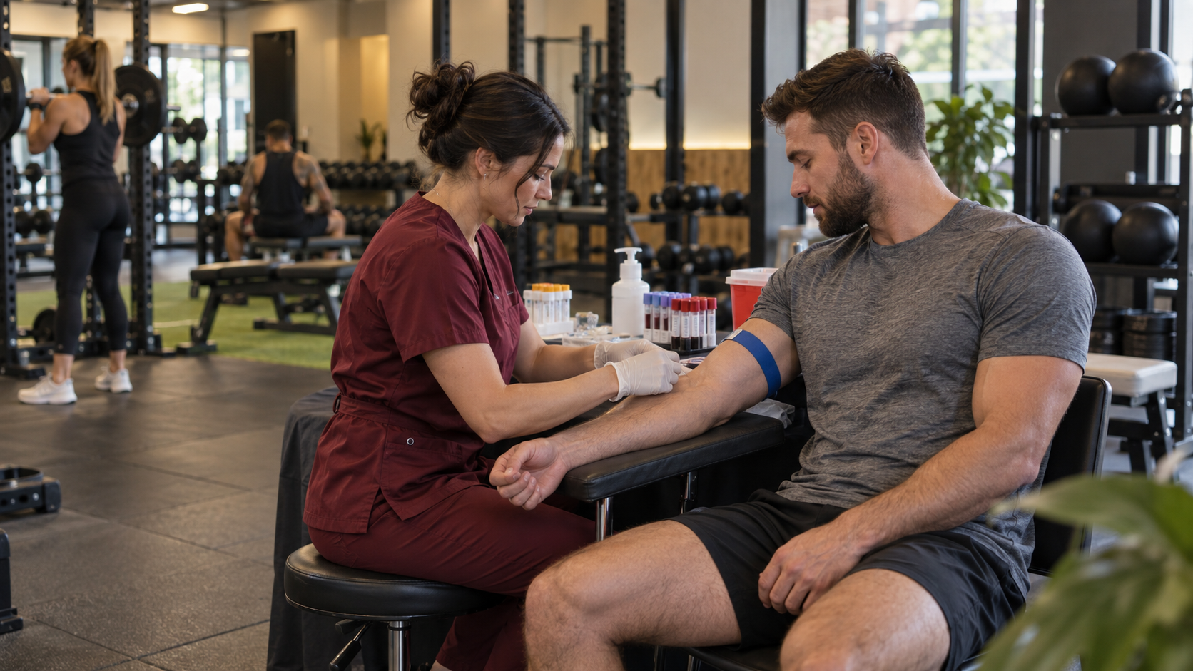 Blood being taken at a chair set up on a gym floor, with people training in the background.
