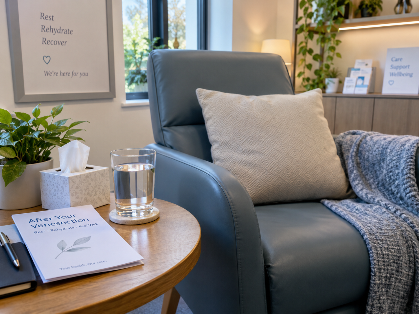 A quiet recovery chair set out with water and aftercare information.