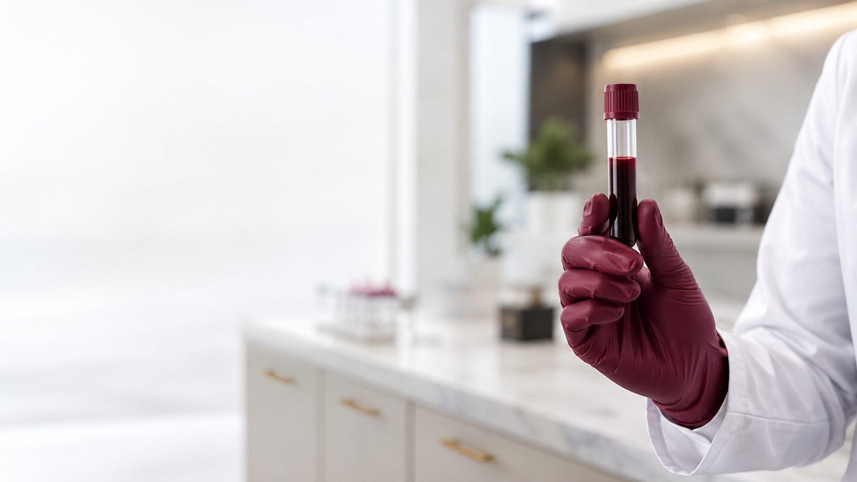 A blood sample tube held in a gloved hand in a bright, clean clinic room