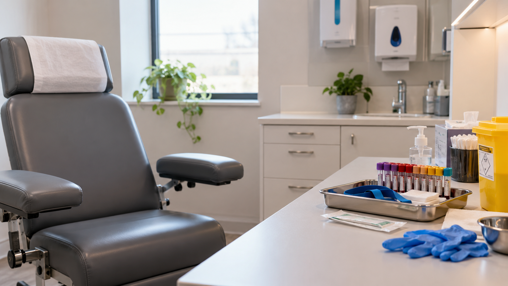 A private blood collection room prepared for an appointment, with a phlebotomy chair beside the window.